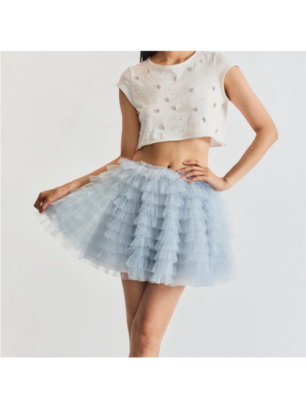LoveShackFancy Imena Tulle Mini Skirt Dusty Skies Blue Size 6 NWT